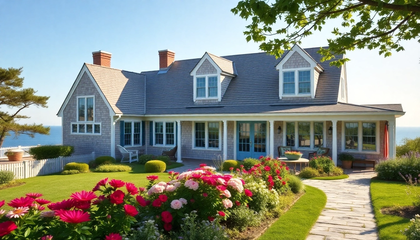 Cape Cod home showcasing classic architecture with vibrant landscaping in a serene coastal setting.