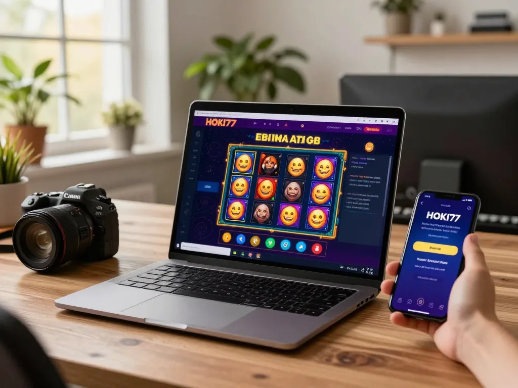 Sesi online yang menarik di tautan HOKI77 dengan laptop menampilkan permainan slot yang cerah dan smartphone di dekatnya.