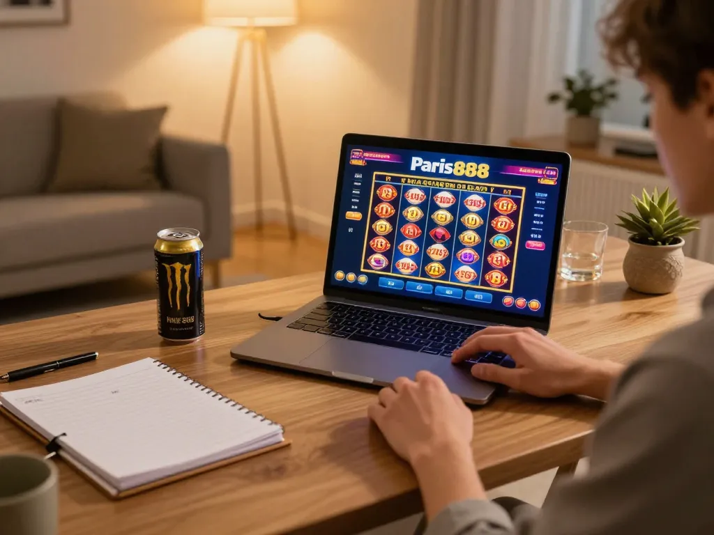 Engaged player exploring paris888's thrilling online slots in a stylish home office setup.