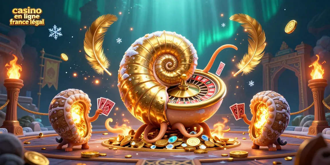 Jouer sur un casino en ligne France légal avec un nautilus géant et des compagnons illuminés, entourés de jetons d'or.