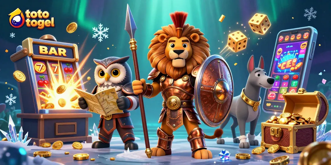 Experience thrilling toto togel action with a Spartan lion and dynamic elements in a vibrant casino scene.