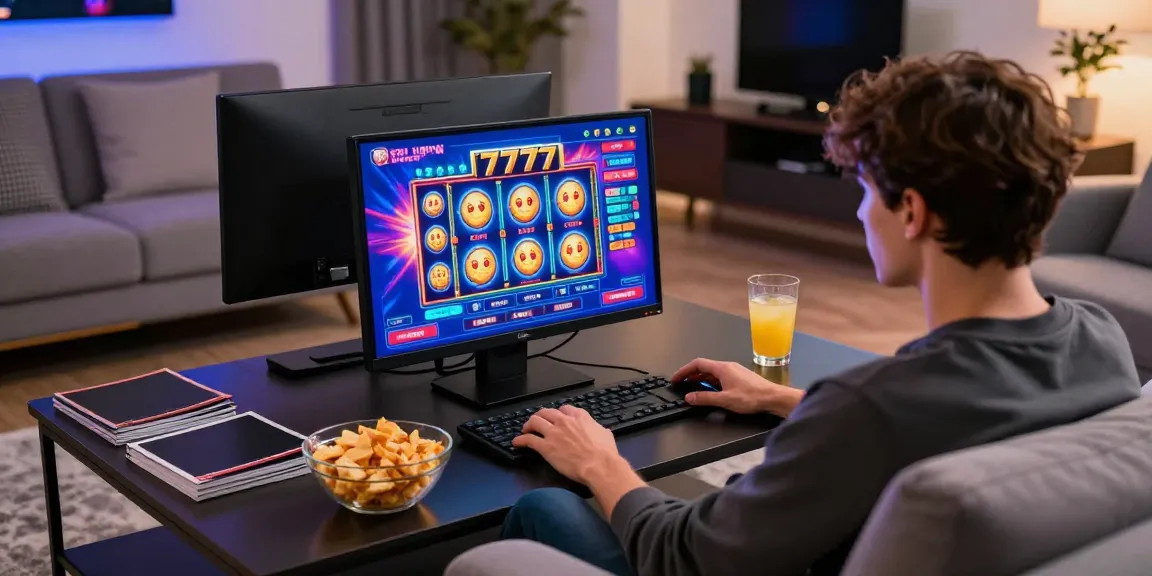 Permainan slot777 online di ruang tamu modern dengan pemain santai dan suasana menggembirakan.