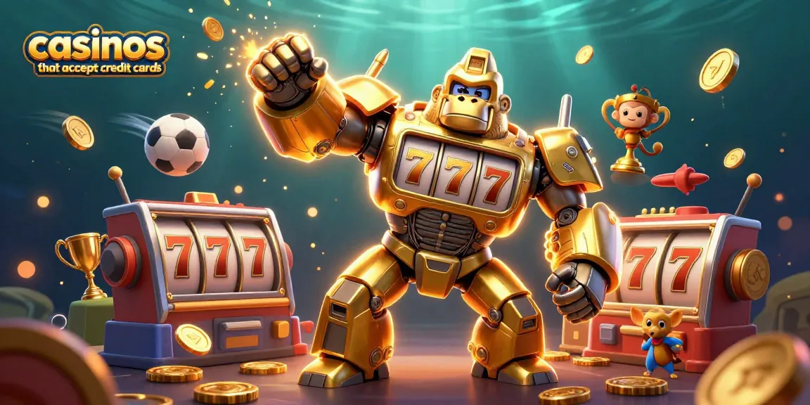 Gamble with excitement at casinos that accept credit cards featuring dynamic golden gorilla mech and vibrant game elements.