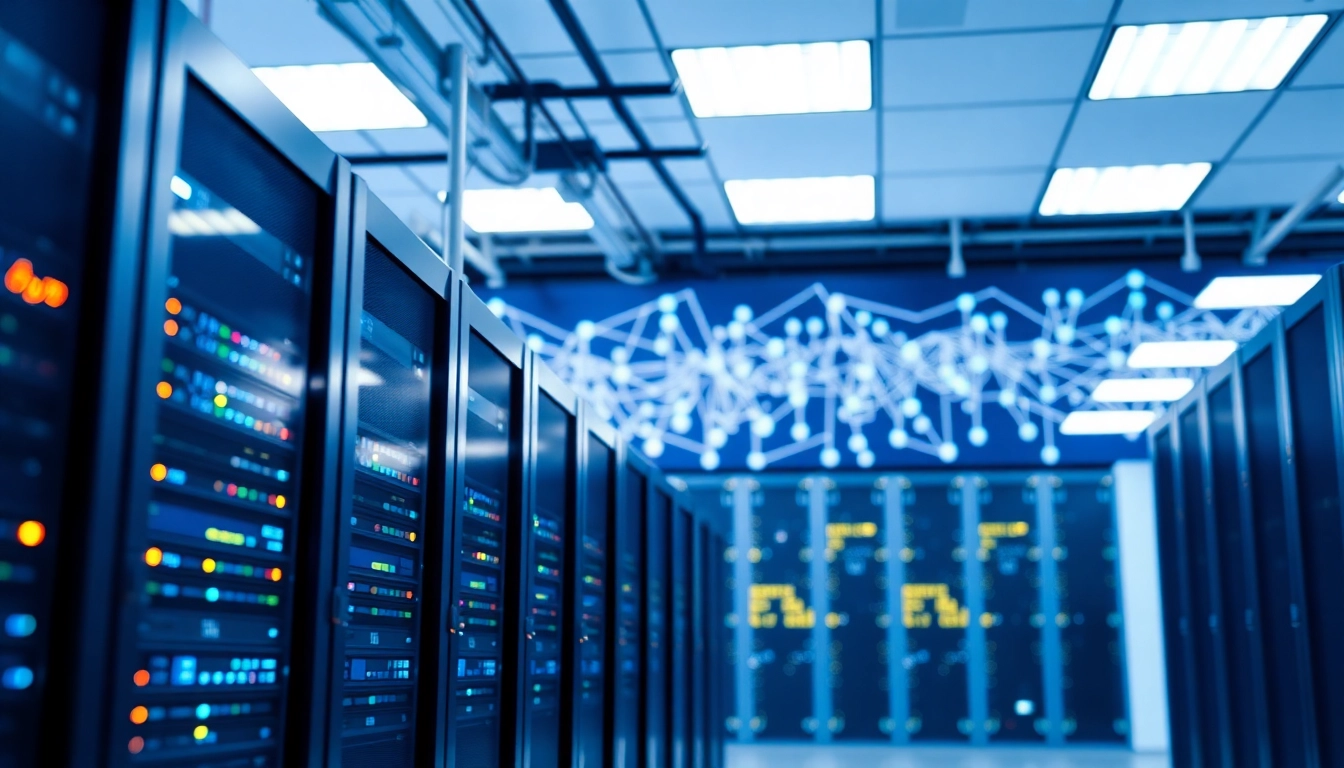 Visual representing CDN with DDoS Protection, showcasing a high-tech data center with active servers and network connectivity.