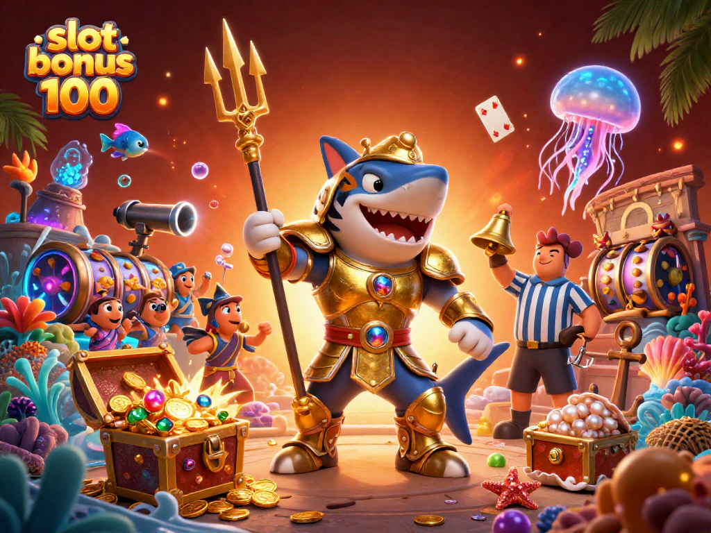 Engage with slot bonus 100 in an underwater colosseum, showcasing vibrant casino elements and rich detail.