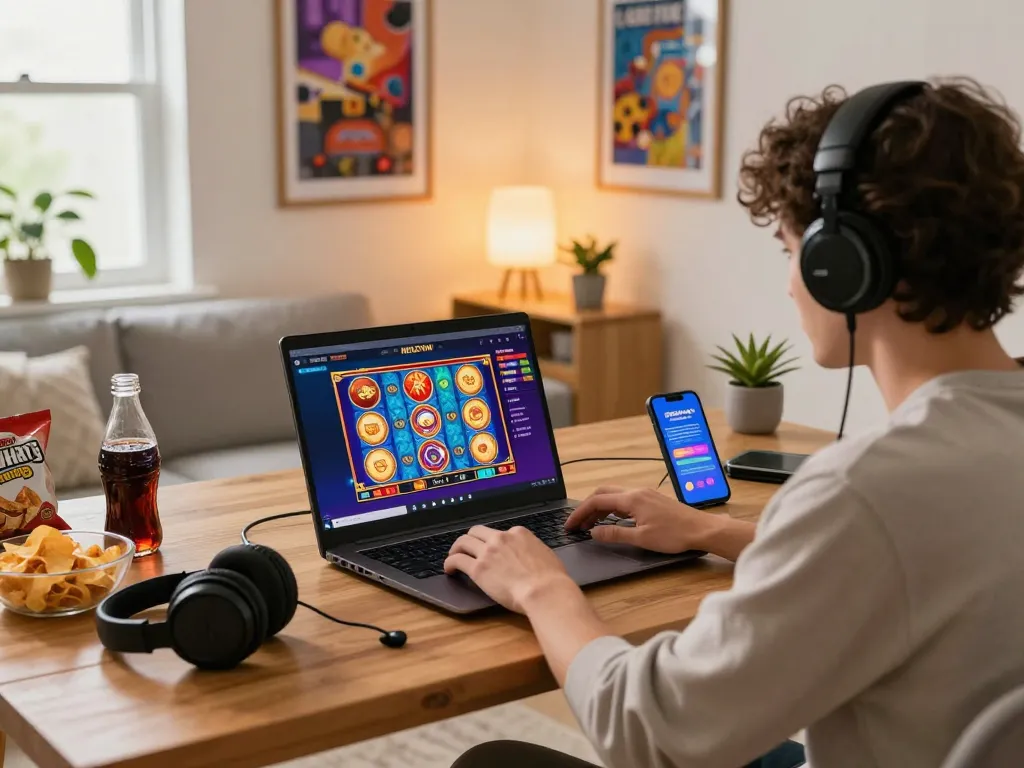 Player thrillingly engaged with slot bet 200 games on NEKATWIN platform in cozy home setup.