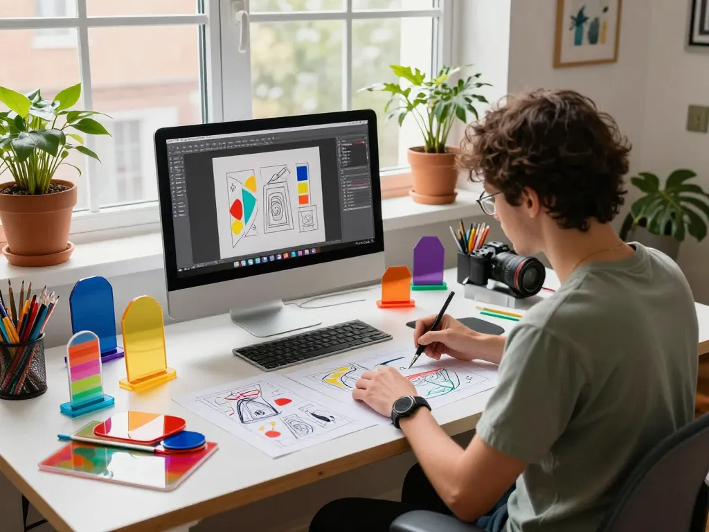 Artist designing custom acrylic stand, showcasing colorful sketches and vibrant workspace.