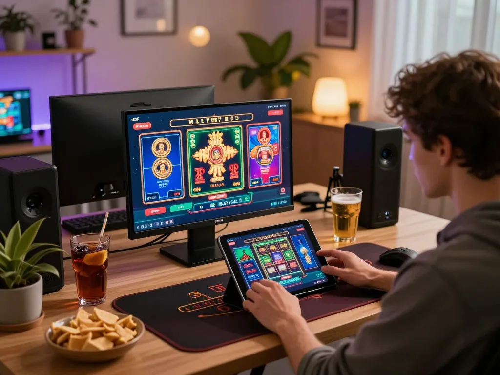 Engaging online gamer using tablet for top quality widgets gameplay experience in a cozy setting.