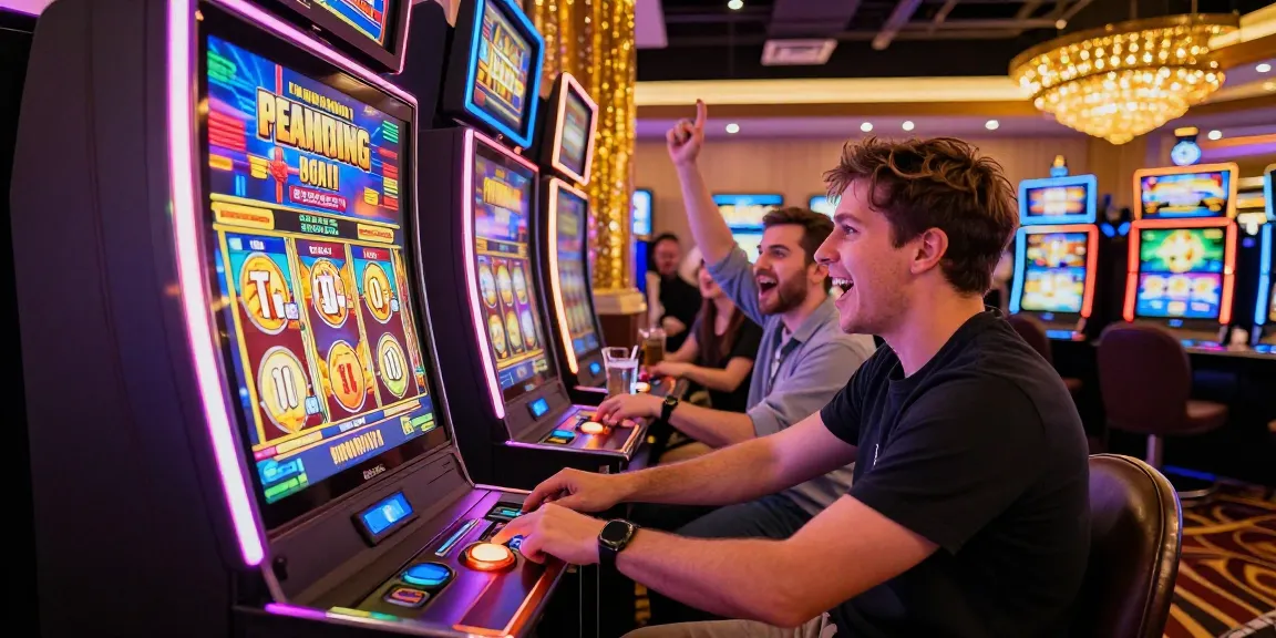 Gambler activating a slot bonus at a lively casino, surrounded by colorful machines and cheering patrons.