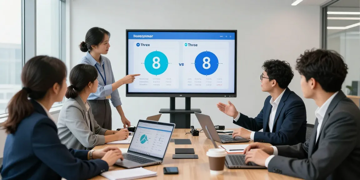 Business meeting analyzing EE vs Three business plans with data visuals and team collaboration in a modern office.