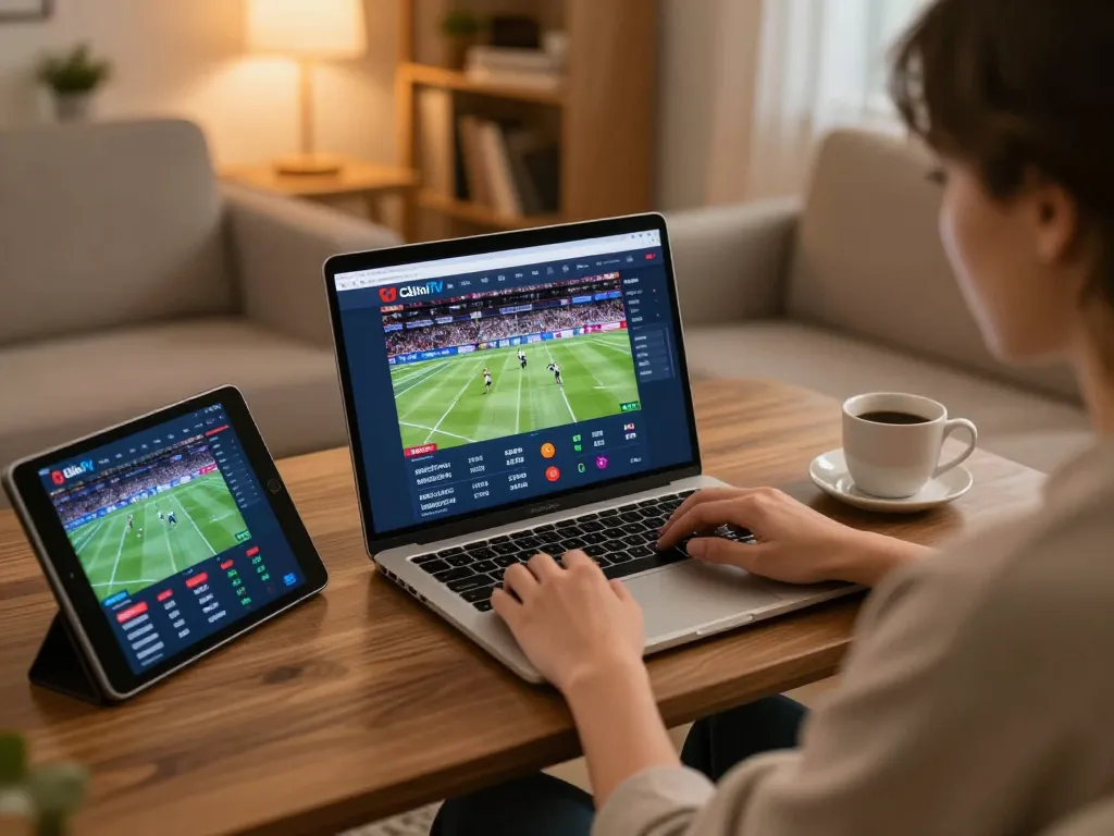 CàkhịaTV user engaging in live sports betting on a laptop with a cozy atmosphere.