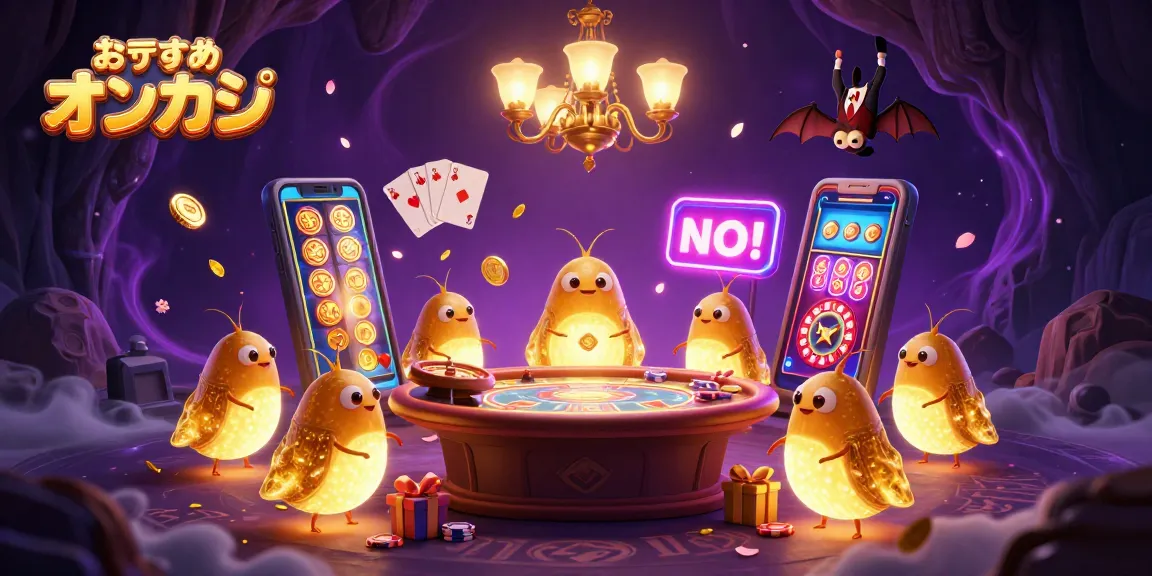 おすすめ オンカジのカラフルなスロットゲームを照らす光虫たちの楽しいカジノシーン。