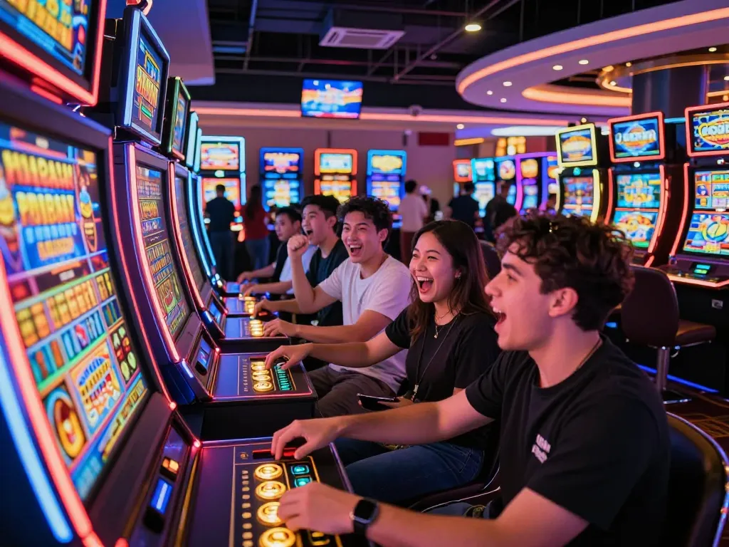 Players enjoying vibrant slot gacor gampang menang machines in a lively casino atmosphere.
