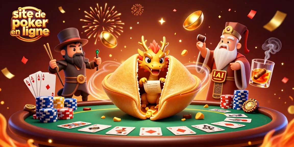 Jouer au site de poker en ligne avec un dragon sage et des guerriers, ambiance festive et riche en détails.