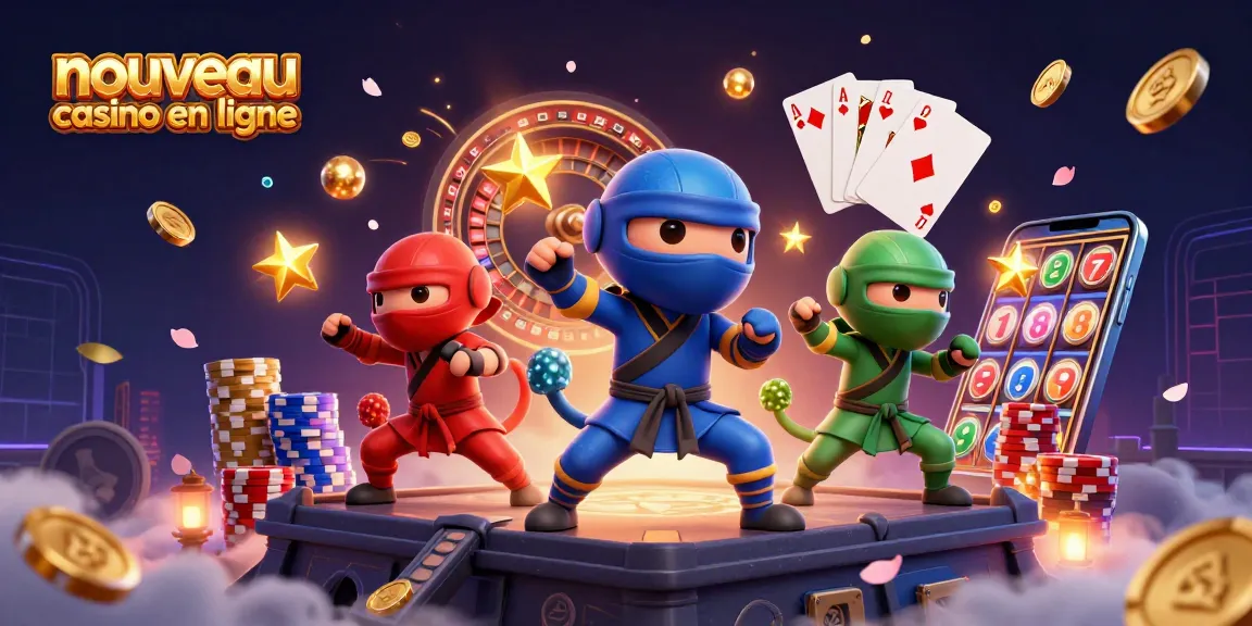 Illustrer un nouveau casino en ligne avec des caméléons ninjas et des éléments de jeu dynamique.
