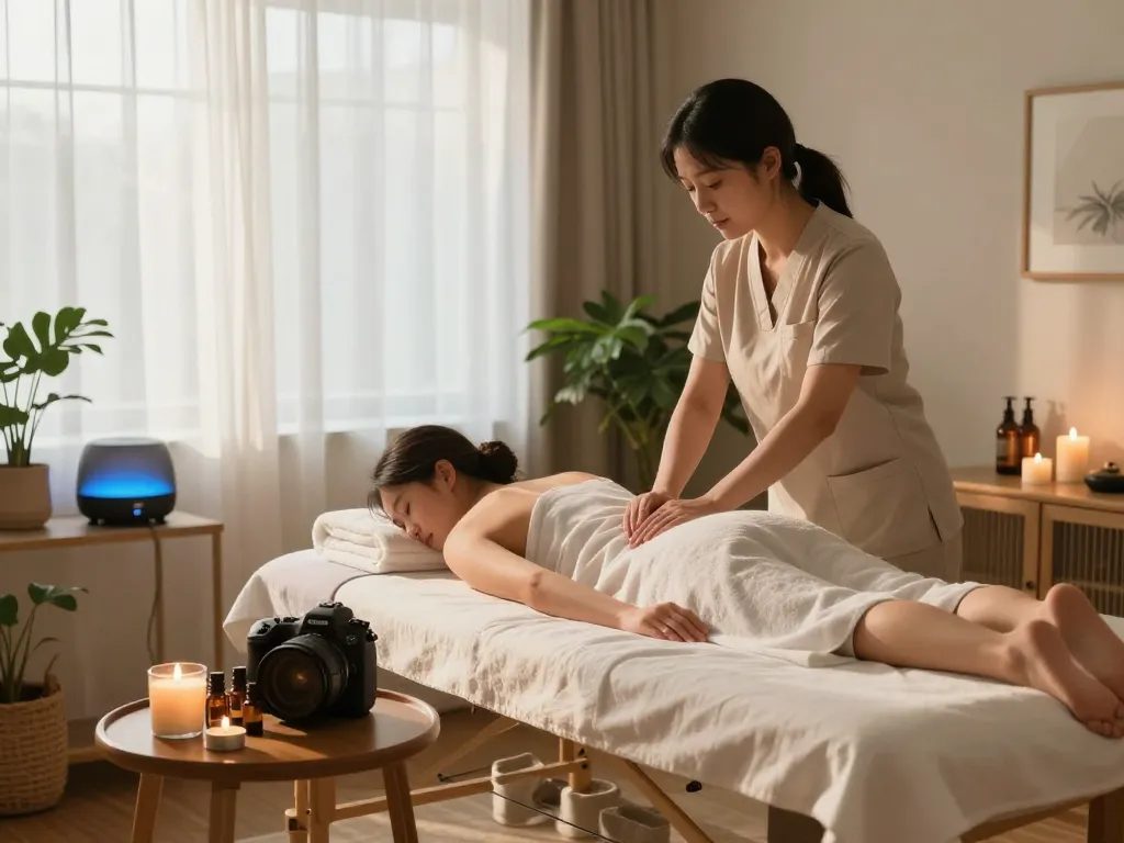 서울출장마사지 in a soothing home spa setup, featuring candles and essential oils for relaxation.