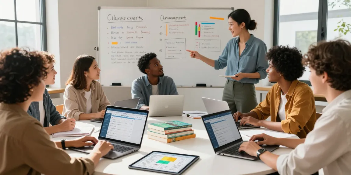 An engaging workspace scene with teachers using EMStudio online teacher planner for effective classroom management and lesson planning.