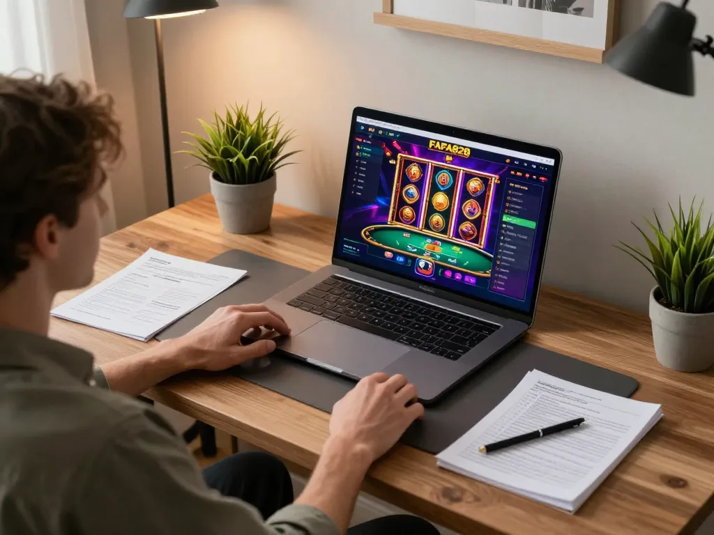 Player exploring FAFA828's gaming interface in a cozy home office, blending comfort with strategy.