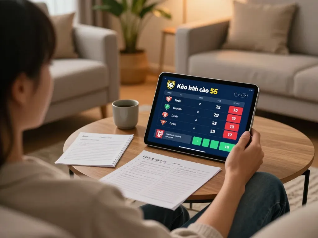 Kèo nhà cái 55 displayed on a tablet while engaging in responsible online sports betting at home.