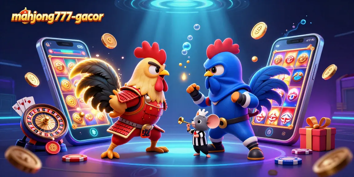 Play big with mahjong777-gacor's dynamic fight between cartoon roosters amidst vibrant gaming elements.