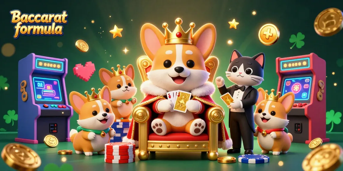 Experience Baccarat formula strategies with a lively 3D casino scene filled with royal characters and glowing game elements.