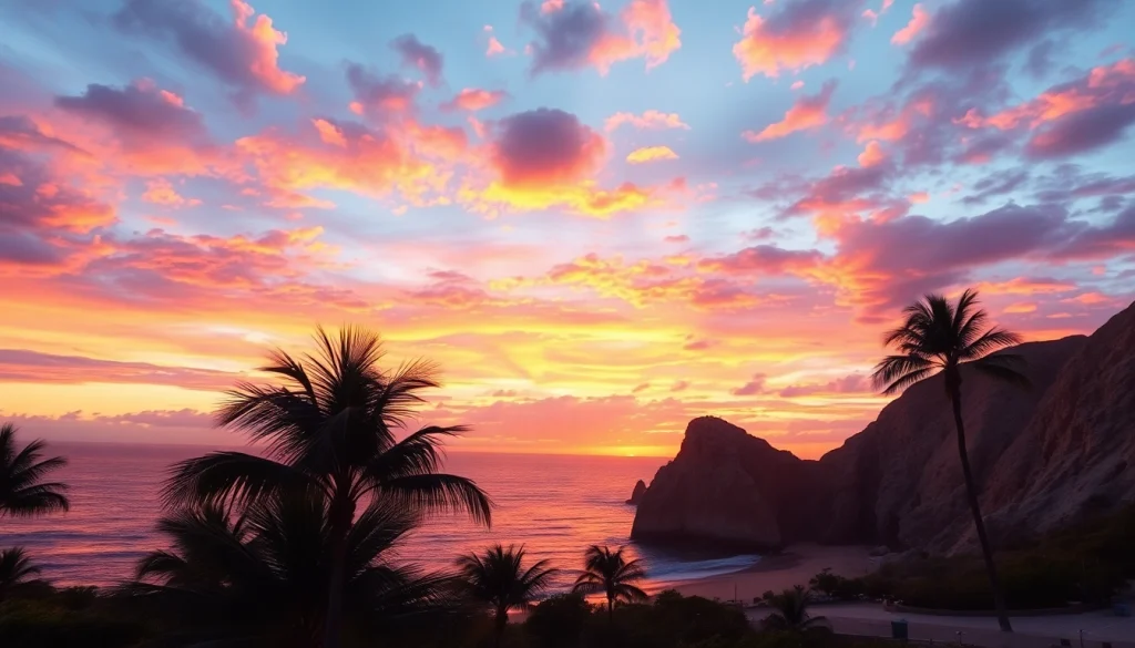 Beautiful sunset at the best time to visit Cabo with vibrant colors and palm silhouettes.