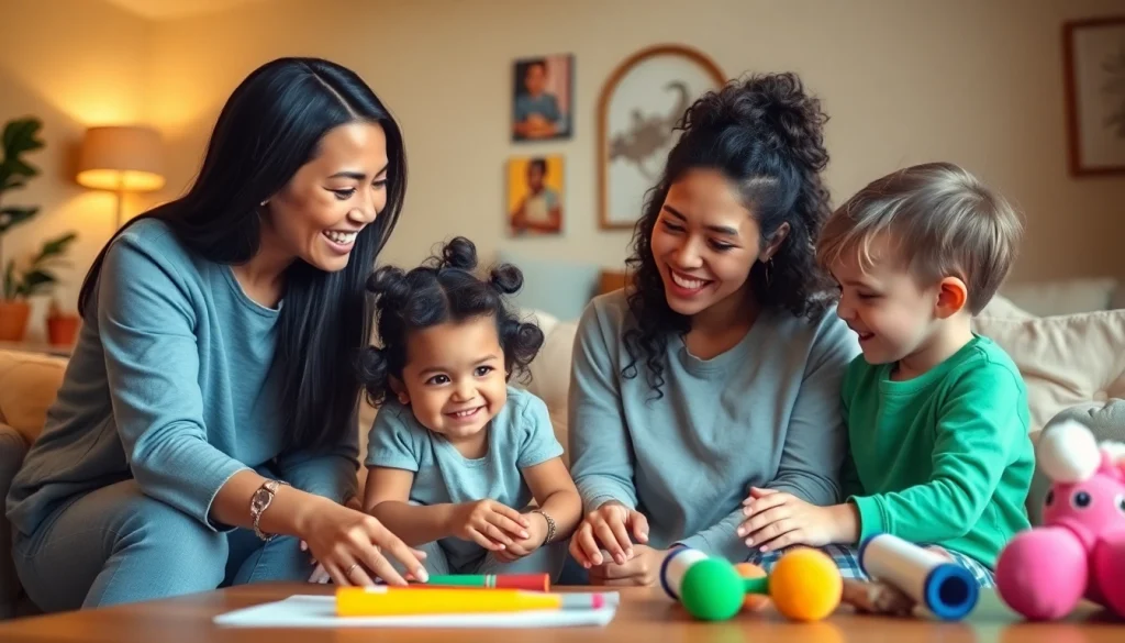 Engaging live-out nanny Abu Dhabi interacting joyfully with children in a cozy home.