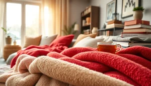 Fleece stoffen in verschillende kleuren op een gezellige bank met comfortabele kussens.