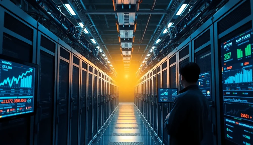 bitcoin mining facility with ASIC miners and digital stats