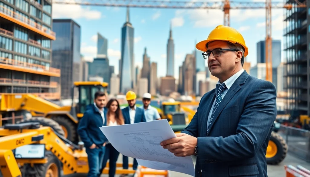 New York Construction Manager guiding a diverse team at a construction site in NYC.