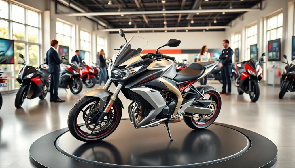 Motorrad verkaufen in einem modernen Verkaufsraum mit einer glänzenden Maschine im Mittelpunkt.