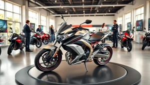 Motorrad verkaufen in einem modernen Verkaufsraum mit einer glänzenden Maschine im Mittelpunkt.