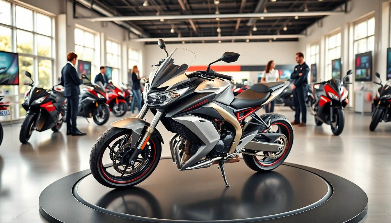 Motorrad verkaufen in einem modernen Verkaufsraum mit einer glänzenden Maschine im Mittelpunkt.