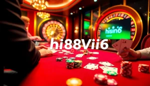 Experience hi88vip6 excitement as players engage at a vibrant poker table surrounded by casino lights.
