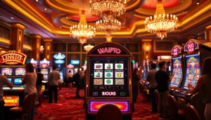 Bermain slot gacor hari ini di kasino dengan suasana yang meriah dan mesin slot berkilau.