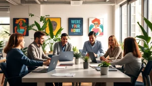 Engaged professionals collaborating on small business jobs in a bright office setting.