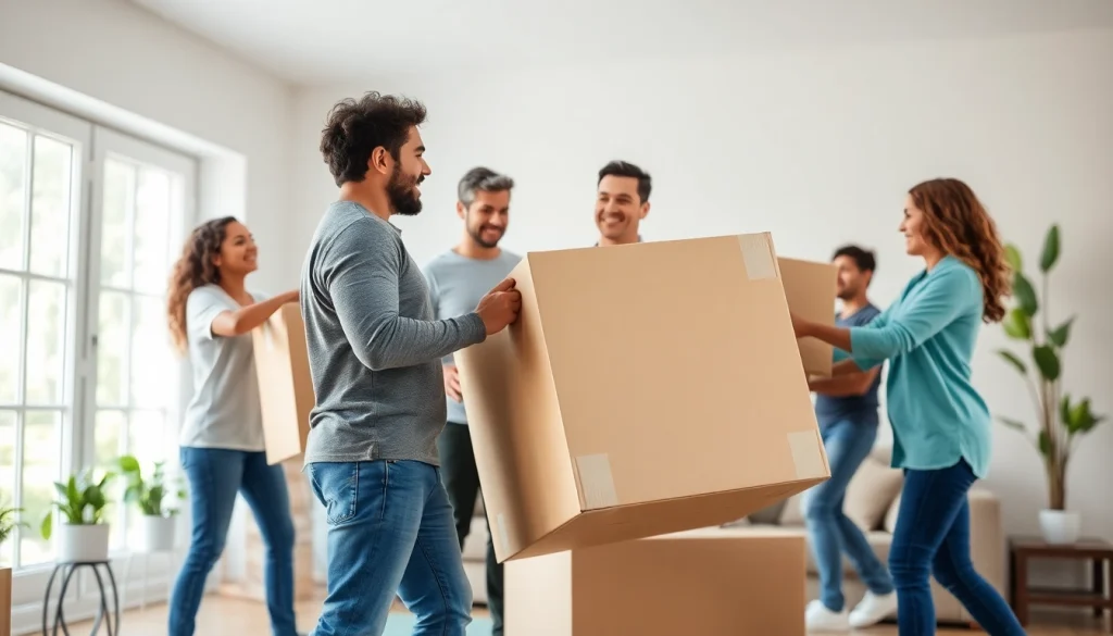 Toronto movers efficiently packing boxes in a bright living room environment.