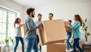 Toronto movers efficiently packing boxes in a bright living room environment.