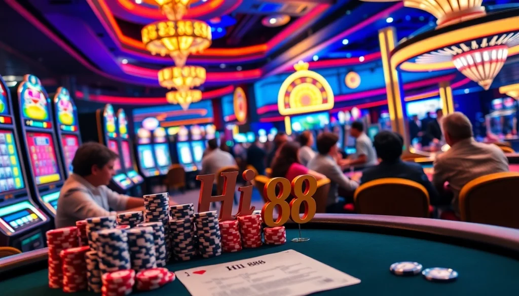 Hi 88 players enjoying a lively poker game with vibrant chips and cards.