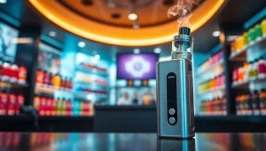 Oxva Vape-Gerät in moderner Umgebung präsentiert, mit stilvollen Details und bunten E-Liquids.