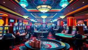 Casino gaming scene featuring KJC brand elements, showcasing vibrant tables and exciting players.