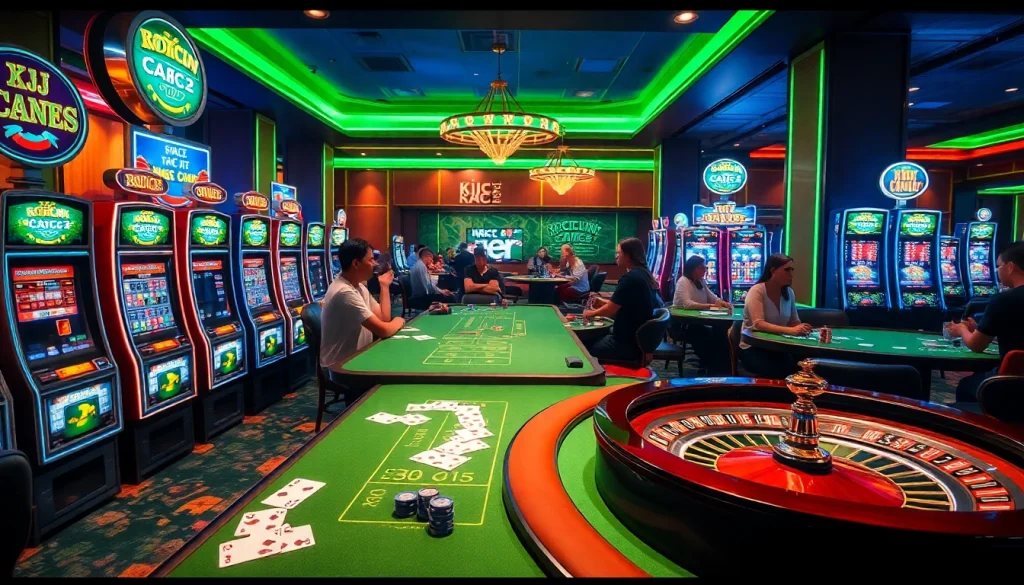 Casino gaming scene with slot machines, poker tables and KJC AC 2 theme illustrated on decorations