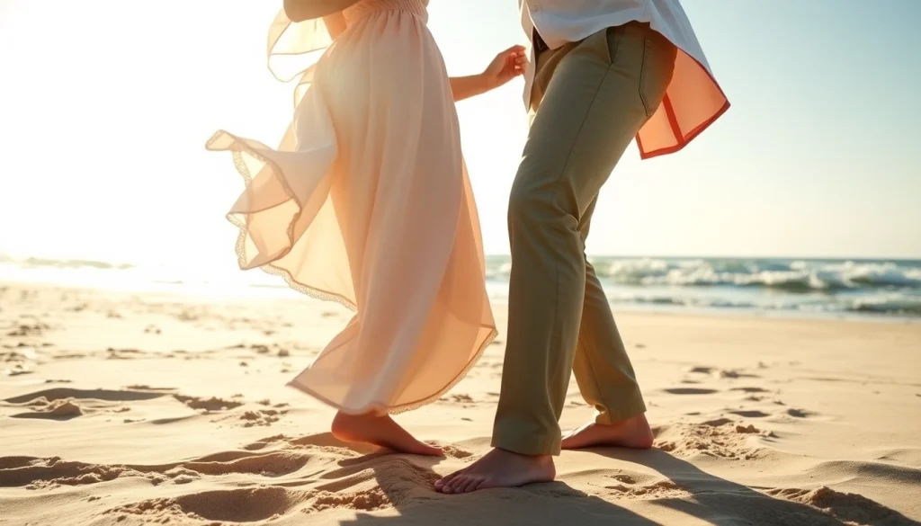 Couple showcasing energetic Carolina Dance moves on the beach with joyful expressions.