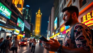 Engaging view of best sports betting sites for Brazil with enthusiastic bettors in vibrant nightlife.