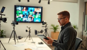 Create video strategy visual with a videographer reviewing clips and storyboards in a bright office.