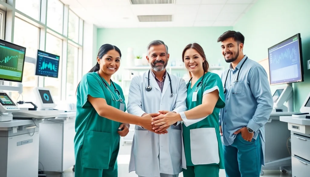 Enhance Health by showcasing collaborative professionals in a modern clinic environment.