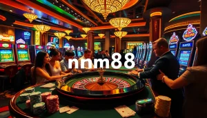 Experience mm88 at an exciting roulette table with players and colorful slot machines creating a lively casino atmosphere.