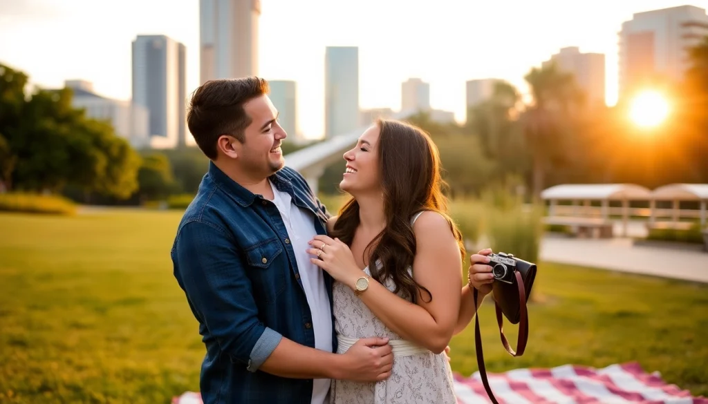 Engagement photos in Tampa featuring a joyful couple at Curtis Hixon Waterfront Park with a romantic skyline backdrop.