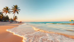 Cena que retrata a praia de Paripueira, em Alagoas, com palmeiras e banhistas relaxando.