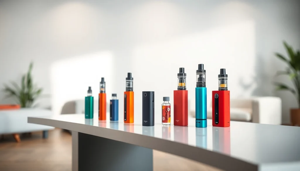 Vape ohne nikotin Geräte harmonisch präsentiert mit leuchtenden Farben in einer entspannenden Umgebung.